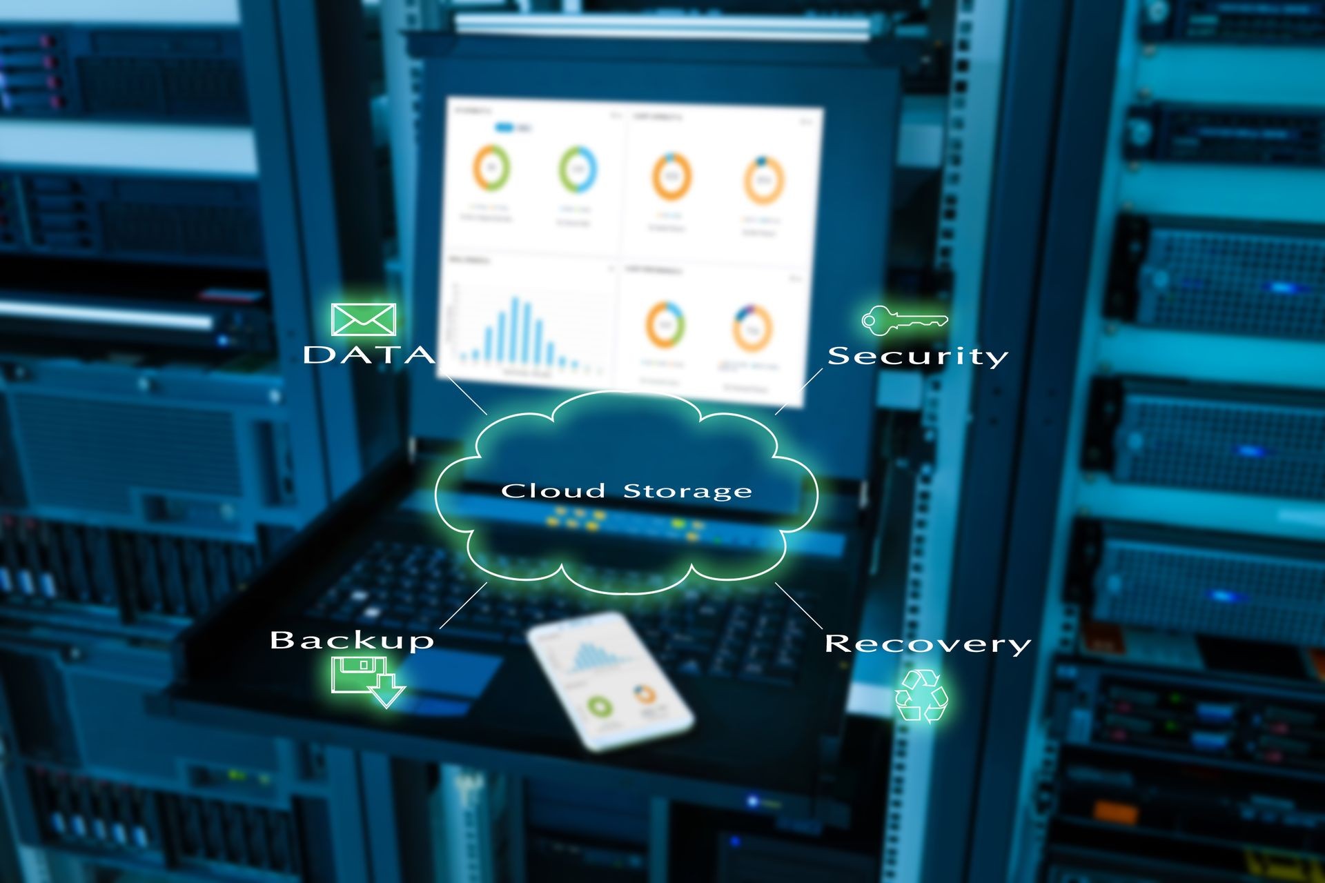 Concept is Business Cloud Storage Technology in a technology data center room and on monitor show graph information of network traffic and status of device