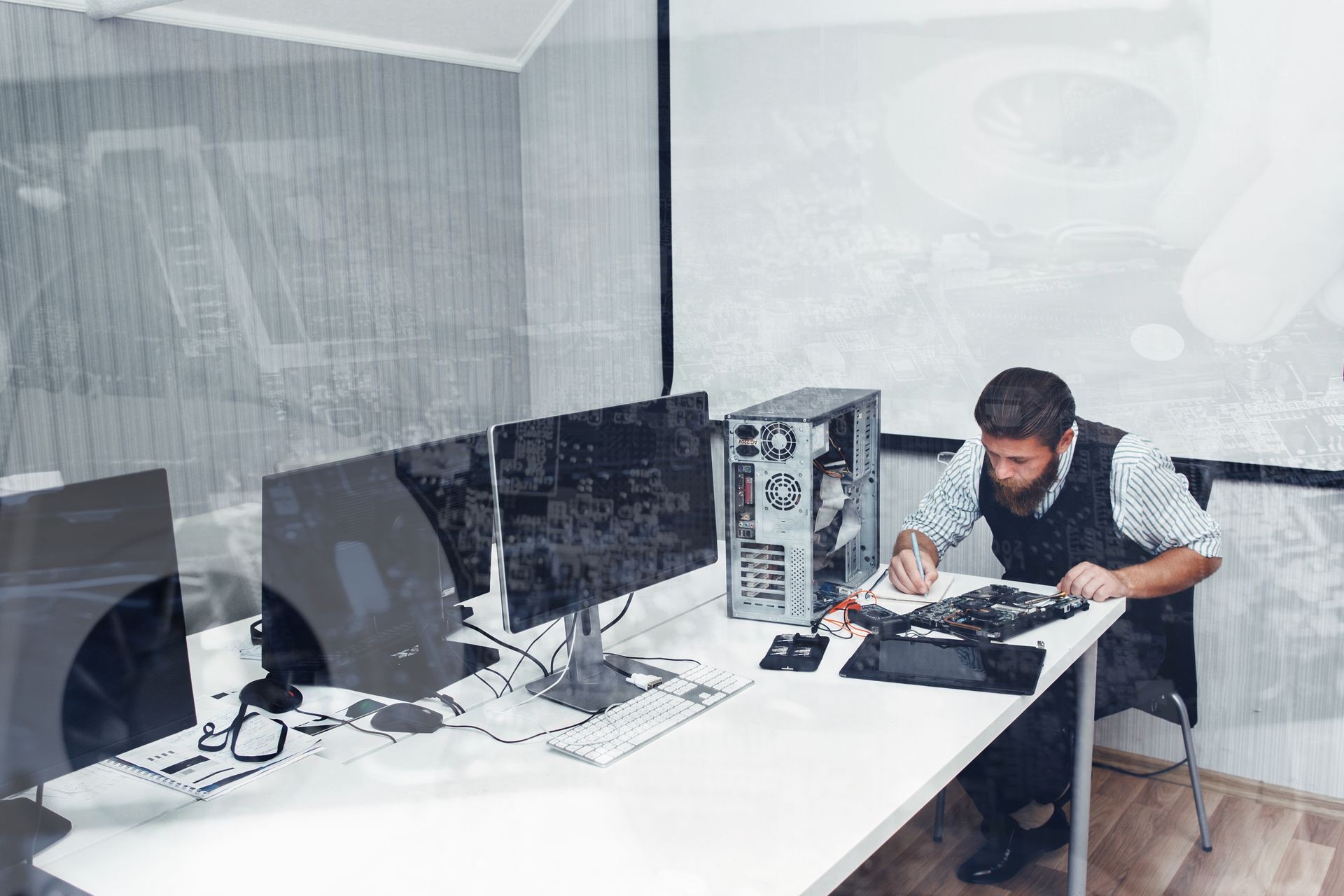 Computer repairing at office, double exposure. Programmer fixing broken PC in open space, copyspace